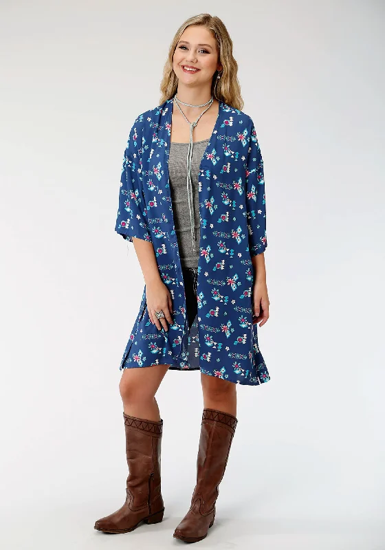 Fresh Comfort Roper Womens Blue Rayon/Nylon Summer Aztec L/S Cardigan