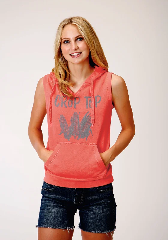 Elegant Outline Roper Womens Coral Red Cotton Blend Crop Top S/L Hoodie
