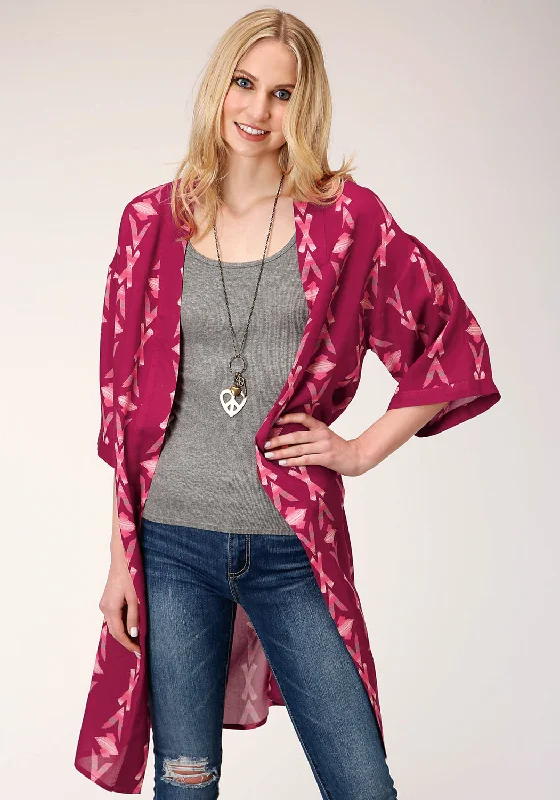 Fashionable And Versatile Roper Womens Wine Rayon/Nylon Aztec Print Kimono Cardigan