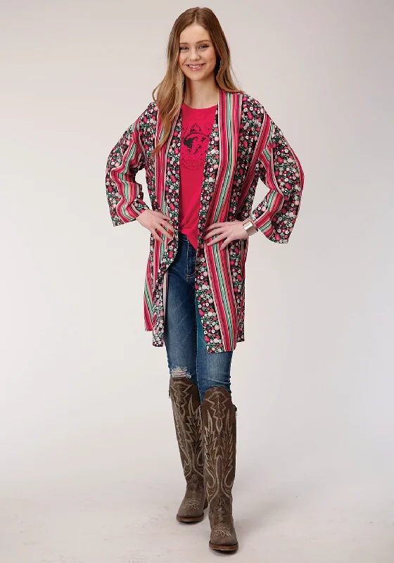 Personalized Design Roper Womens Black Rayon/Nylon Floral Stripe Cardigan