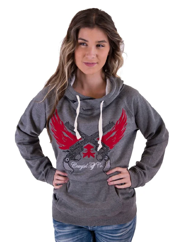 Dynamic Fashion Cowgirl Tuff Womens Guns and Wings Bling Gray Poly/Rayon Hoodie
