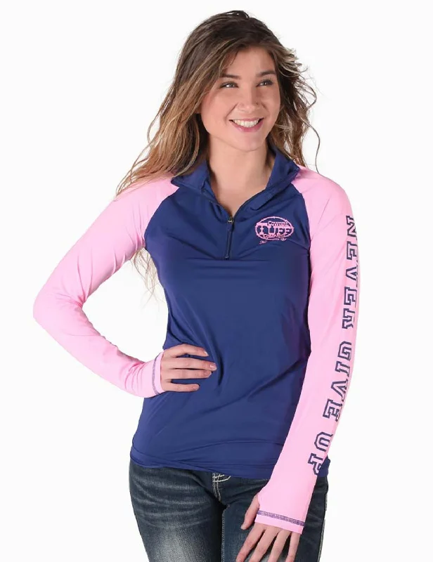 Sports And Leisure Cowgirl Tuff Womens UPF Quarter Zip Indigo/Bubblegum Nylon Softshell Jacket