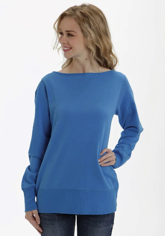 All-Day Comfort Ouray Womens Blue 100% Cotton USA L/S Raw Edge Sweatshirt