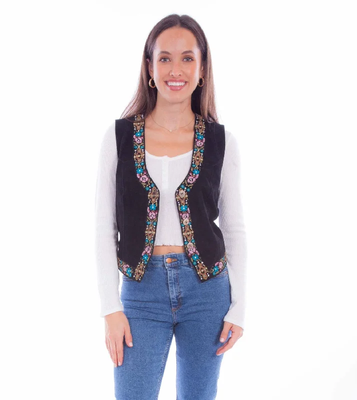 Independent design Scully Womens Front Embroidery Black Leather Leather Vest
