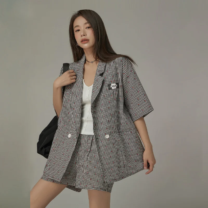 Fashionable Prints Checked Button Oversized Blazer Jacket