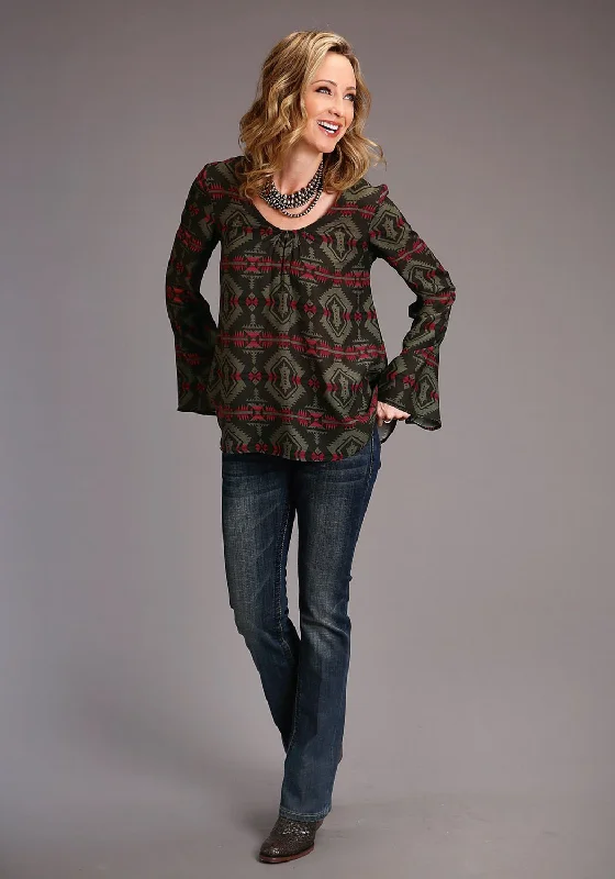 High Street Design Stetson Womens Brown Rayon/Nylon Challis Blanket L/S Pullover Blouse