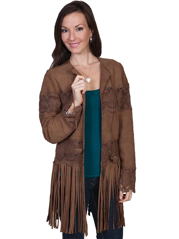 High-end Wear Scully Womens Brown Leather Laced Crochet Coat