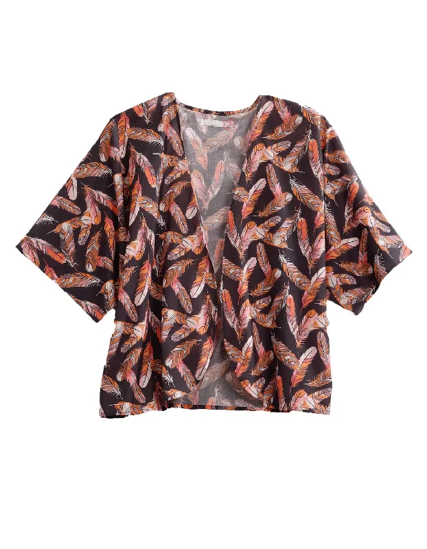 Exquisite Fabrics Tin Haul Womens Black 100% Cotton Grey Feather Print Cardigan