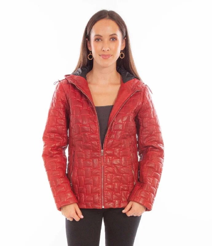 Personalized print Scully Womens Zip Quilted Hooded Red Leather Leather Jacket