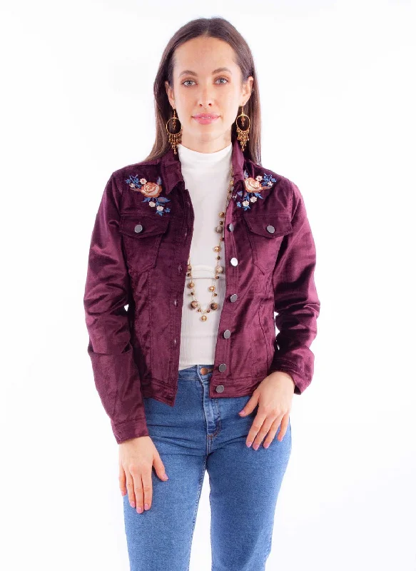 Sports Yoga Style Scully Womens Embroidered Velvet Burgundy Cotton Blend Cotton Jacket