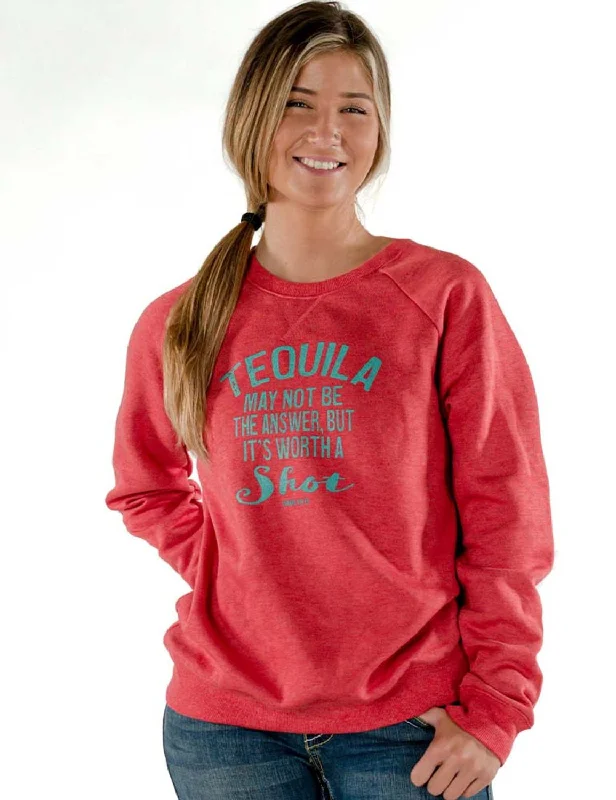 Beautiful Romance Cowgirl Tuff Womens Tequila Shot Red Poly/Rayon Sweatshirt