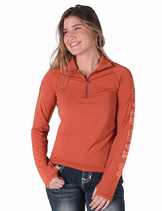 Knitted Design Cowgirl Tuff Womens UPF Quarter Zip Rust Nylon Softshell Jacket
