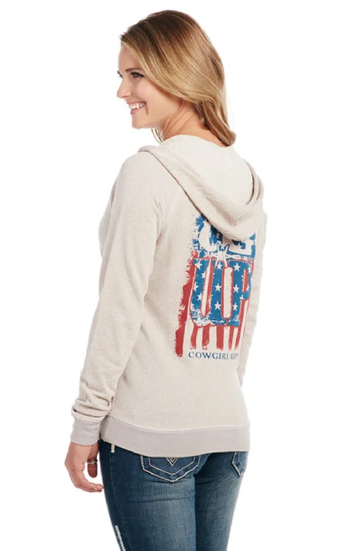 Fresh And Simple Cowgirl Up Womens Patriotic Zip Up Oatmeal Cotton Blend Hoodie