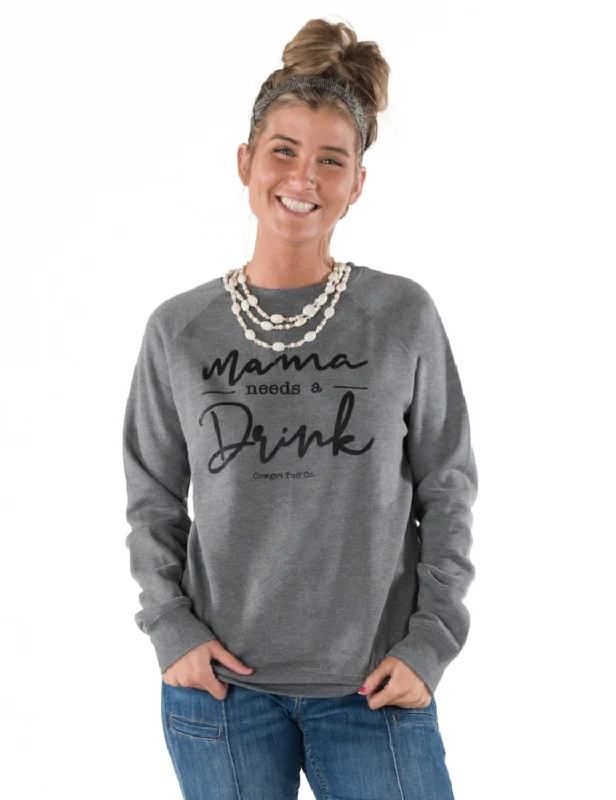 Energetic Cowgirl Tuff Womens Mama Needs A Drink Heather Gray Poly/Rayon Sweatshirt