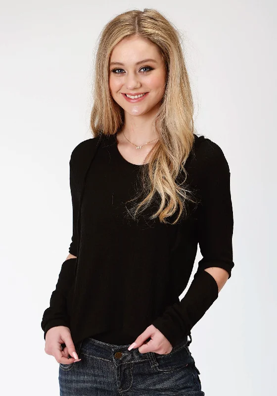 Sporty Elegance Roper Womens Black 100% Cotton Waffle Knit L/S Hoodie