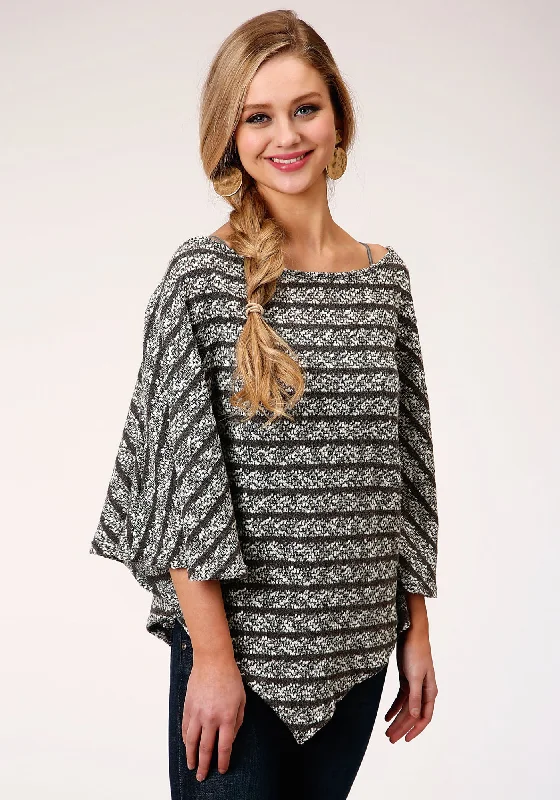 Simple Elegance Roper Womens Black/White Cotton Blend Open Knit S/S Poncho