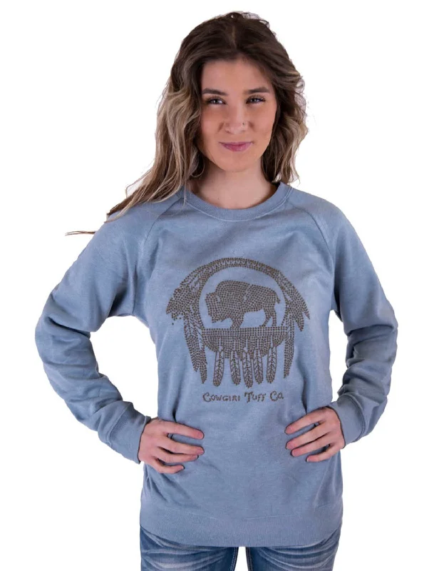 Loose Fit Cowgirl Tuff Womens Buffalo Bling Light Blue Poly/Rayon Sweatshirt