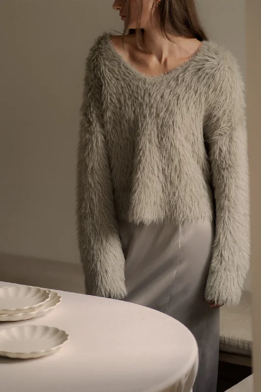 Luxury And Elegant FUZZY V-NECK SWEATER