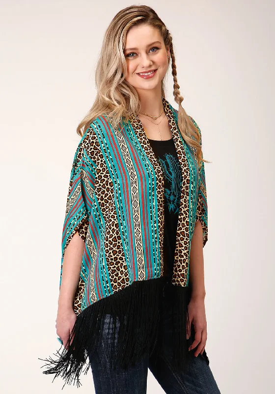 Short Design Roper Womens Multi-Color Rayon/Nylon Leopard Stripe Poncho