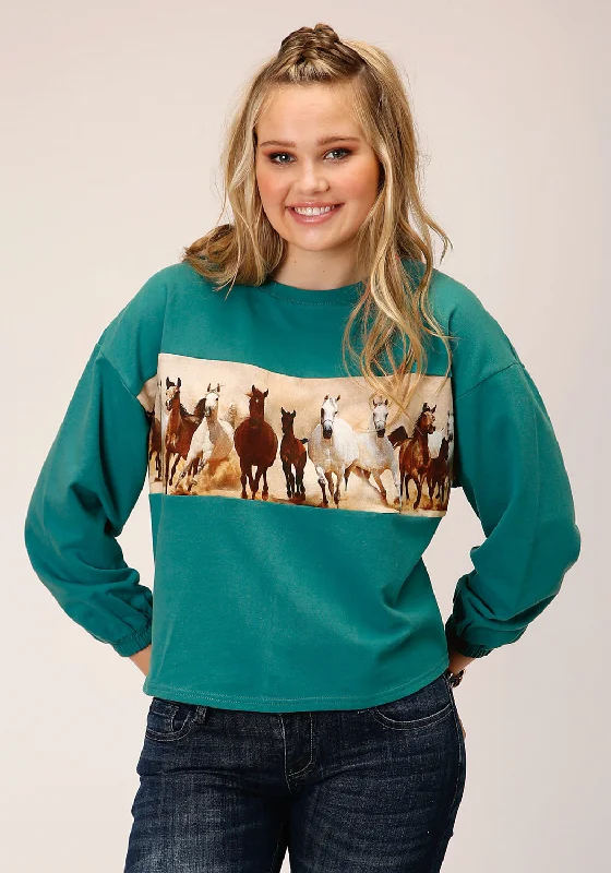 Urban Fashion Roper Womens Running Horses Blue 100% Cotton Sweatshirt