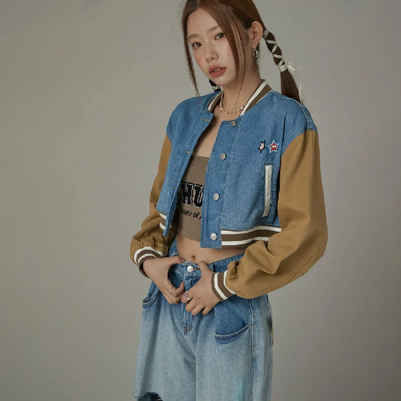 Comfortable and simple Color Matching Varsity Cropped Jacket