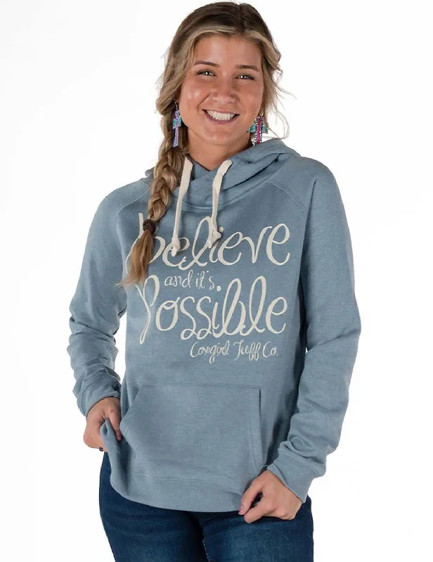 Street Fashion Cowgirl Tuff Womens Believe Junior Fit Light Blue Poly/Rayon Hoodie