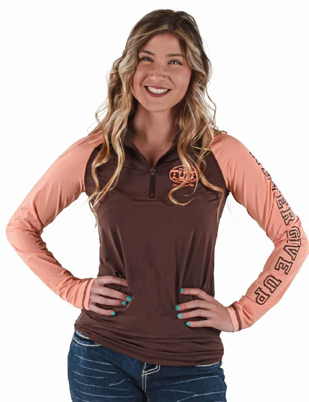 Trendy Traveler Cowgirl Tuff Womens UPF Quarter Zip Brown/Coral Nylon Softshell Jacket