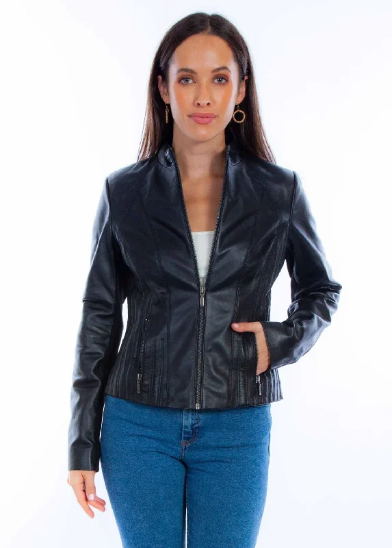 Sports litigation style Scully Womens Ribbed Motorcycle Black Lamb Leather Leather Jacket