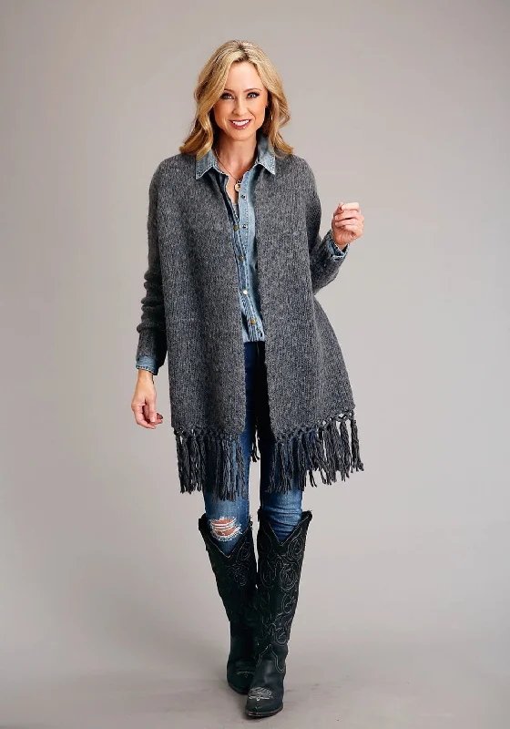 Street Fashion Style Stetson Womens Heather Fringe Grey Wool Blend Cardigan Sweater