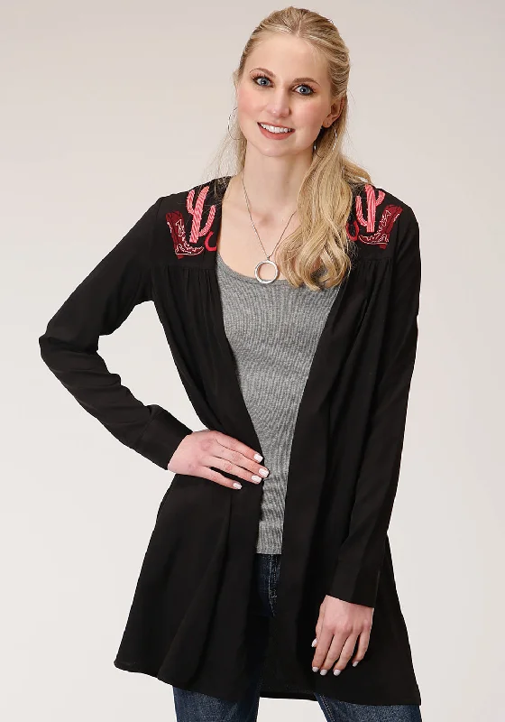 Eye-catching Personality Roper Womens Black Polyester Pink Cactus Cardigan