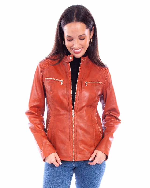 High waist design Scully Womens Cafe Racer Zip Rust Leather Leather Jacket