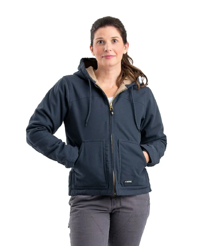 Comfy Chic Berne Apparel Womens Sherpa-Lined Duck Hooded Deep Ocean 100% Cotton Jacket