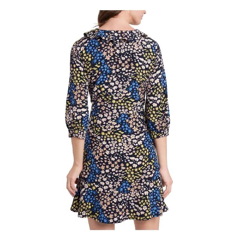 Sweet breath Riley & Rae Women's Ruffled Tie Floral 3/4 Sleeve Surplice Neckline Short Party Wrap Dress Blue Size 6