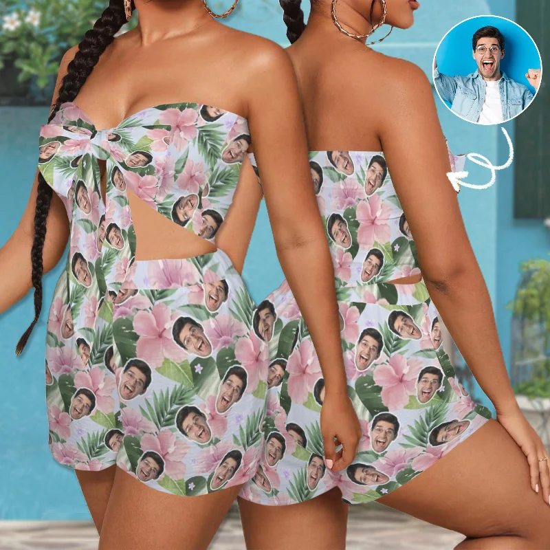 Sports Yoga Style Custom Face Plant & Flower Patterns Personalized Women's Tie Front Tube Top & Shorts Set Sports Yoga Style Custom Face Plant & Flower Patterns Personalized Women's Tie Front Tube Top & Shorts Set
