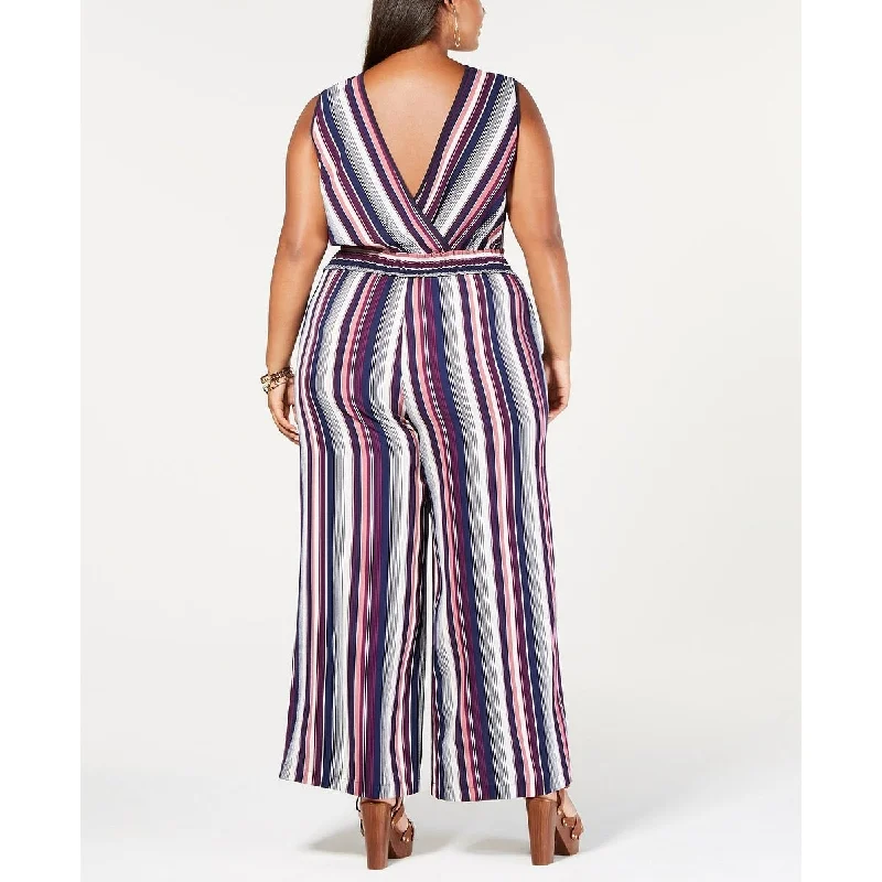 Layered Style Monteau Women's Trendy Striped Jumpsuit Red Size 3X
