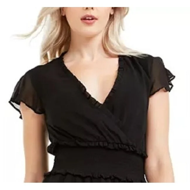 Design And Tailoring Q & A Women's Smocked Flutter-Sleeve Dress Black Size Medium