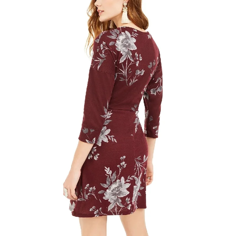 Fresh And Elegant Be Bop Women's Twist Front Floral 3/4 Sleeve Jewel Neck Short Fit Flare Dress Purple Size X-Large