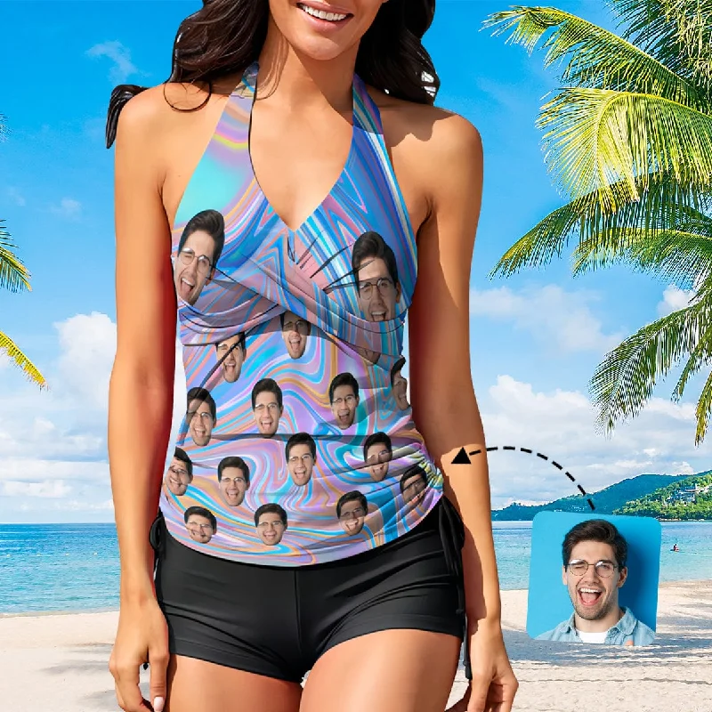 College Style Custom Face Colorful Tankini Personalized Two Pieces Women Swimsuit