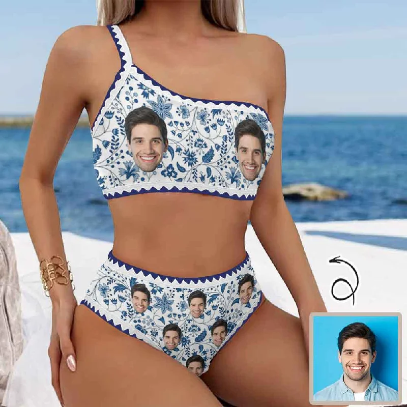 Elegant Comfort Custom Face Floral Bikini Set Personalized One Shoulder Spaghetti Strap Two Piece Swimsuits
