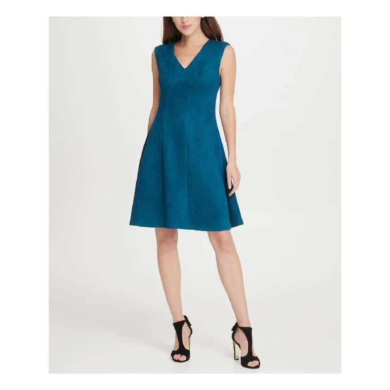 Outdoor Trend DKNY Women's V Neck Suede Seamed Fit Flare Dress Green Size 8