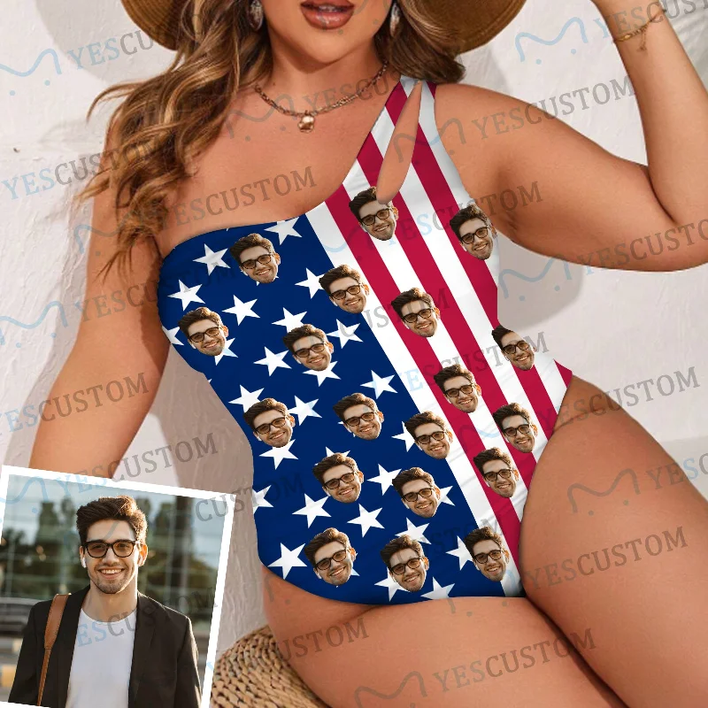 Easy Style Custom Face Flag USA Women's One Shoulder Keyhole One Piece Swimsuit Custom Picture Bathing Suit