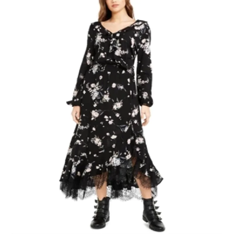 Stylish Wear American Rag Women's Juniors' Ruffled Lace-Trim Maxi Dress Tossed Floral Black Size XXS