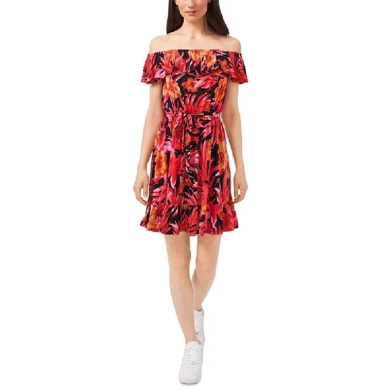 Retro Prints Riley & Rae Women's Stretch Ruffled Off Shoulder Above The Knee Party Fit Flare Dress Red Size Medium