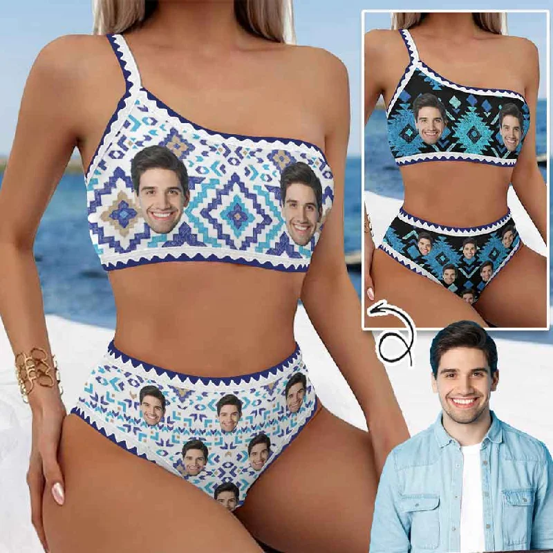 Easy Fashion Custom Face Geometry Bikini Set Personalized One Shoulder Spaghetti Strap Two Piece Swimsuits