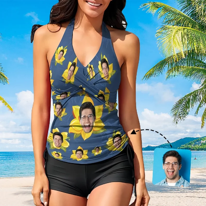 Simple Solid Color Custom Face Yellow Flowers Tankini Personalized Two Pieces Women Swimsuit