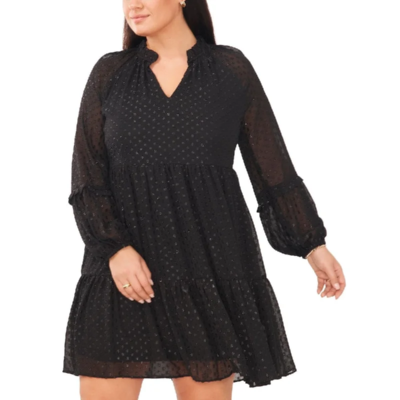 Fresh And Fashionable Msk Women's Split Neck Chiffon Long Sleeve Shift Dress Black Size 1X