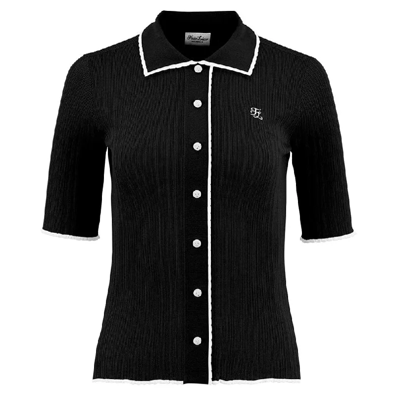 Sports Jumpsuit Fairliar Scallop Collar Cropped Sleeve Knit Golf Polo Black - SS24 Women Sports Jumpsuit Fairliar Scallop Collar Cropped Sleeve Knit Golf Polo Black - SS24 Women