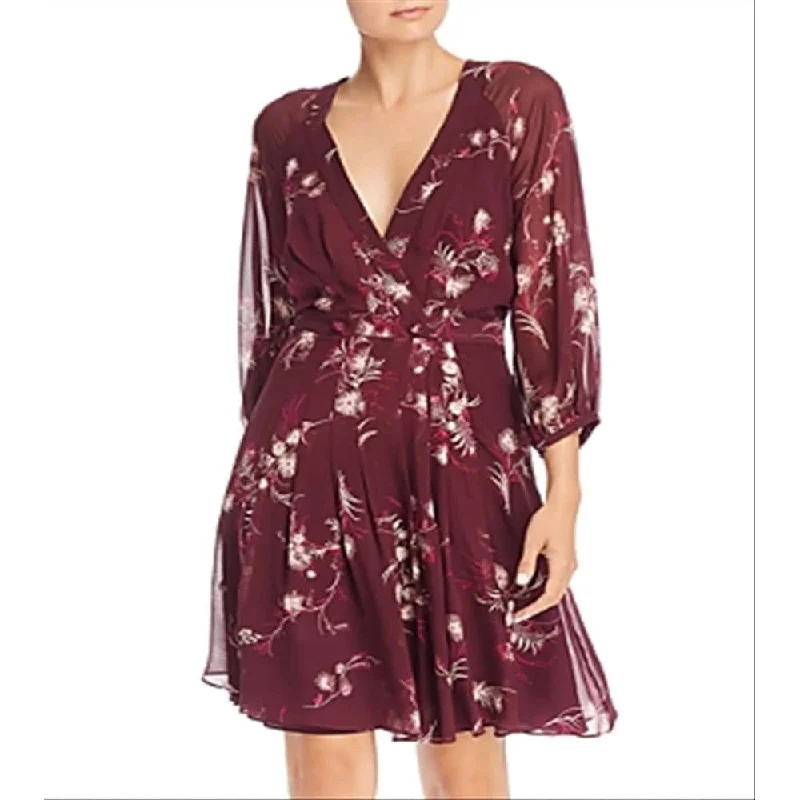 Embroidery Design Joie Women's Printed 3/4 Sleeve V Neck Above The Knee Trapeze Evening Dress Maroon Size 8