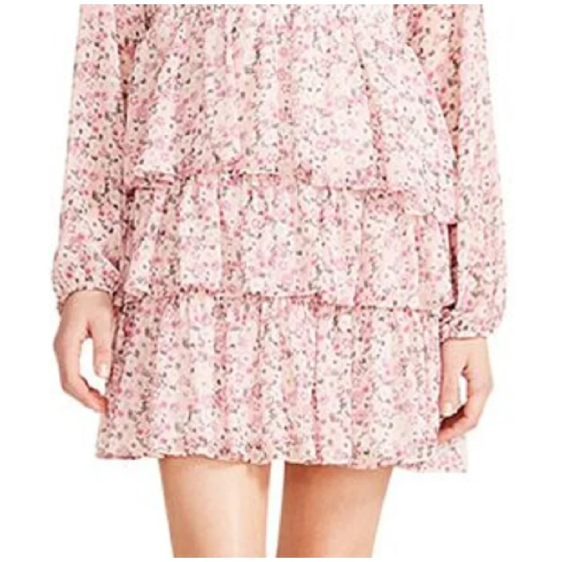 Elegant Temperament Madden Girl Junior's Printed Tiered Balloon Sleeve Dress Pink Size Small