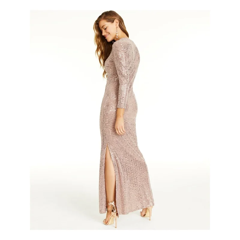 Fashion And Simplicity Morgan & Co Women's Slitted Patterned Long Sleeve Jewel Neck Full Length Formal Body Con Dress Brown Size X-Small